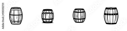 Variety of black barrel icons in distinct styles showcasing traditional craftsmanship