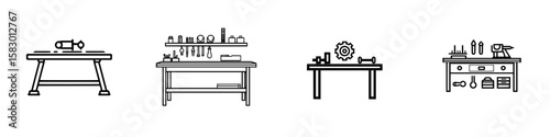 Black icons representing various workbench designs and tools for home improvement and woodworking activities