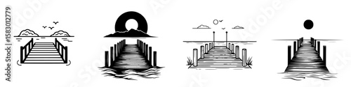 Stylized black icons of piers with different scenic backgrounds, showcasing various landscapes and sunset effects
