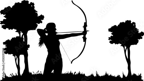 Silhouette of a woman archer aiming her bow and arrow in a forest clearing with trees around her