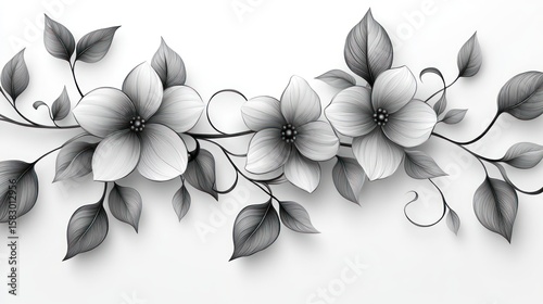 Monochrome floral branch on white background, elegant design element