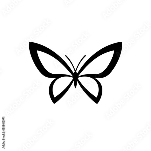Stylized black butterfly icon with symmetrical wings featured on a clean white background for design purposes