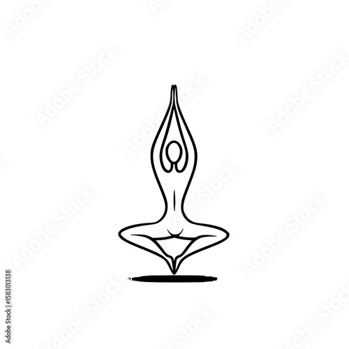 Elegant black icon depicting a person in a yoga pose with arms raised and legs crossed, symbolizing balance and mindfulness practice