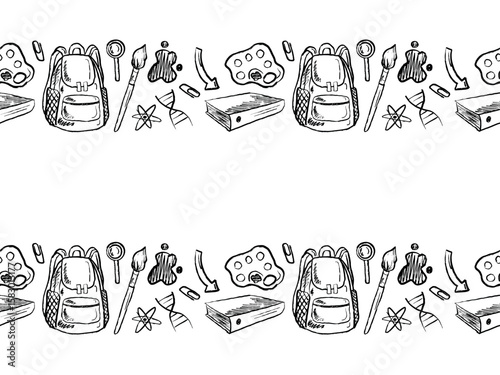 Back to school seamless border with backpack, school equipment in black brush stroke texture isolated on white. Hand drawn vector sketch illustration in vintage charcoal ink. Cover design