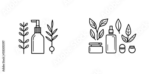 Illustrations of natural skincare products with botanical elements in a minimalistic black icon style
