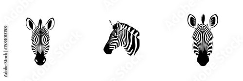 Black icon depicting the heads of zebras with distinct stripes and ears displayed side by side in a minimalistic style on a white background