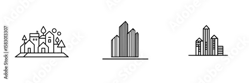 Black icon set showcasing different urban and rural buildings in a minimalist style for design and illustration purposes