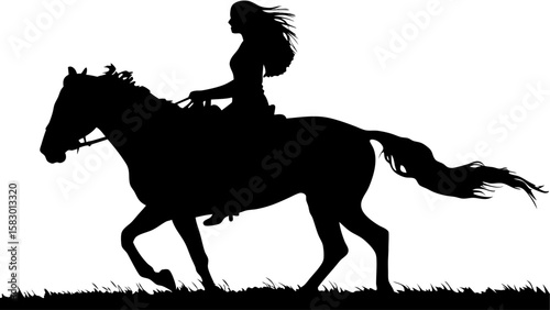 Silhouette of a woman riding a horse with flowing mane and tail galloping across a grassy field scene