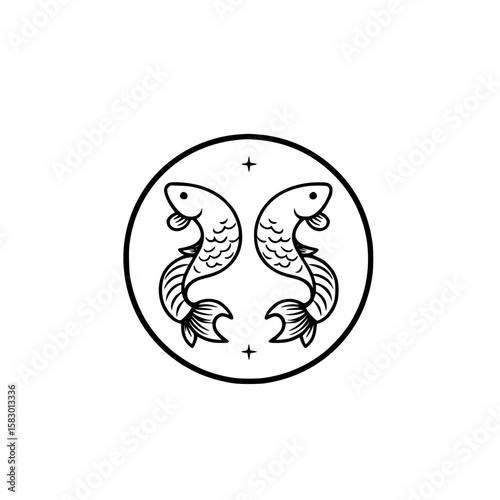 Two fish symbols create a harmonious representation of the zodiac sign Pisces in a circular design for artistic expression