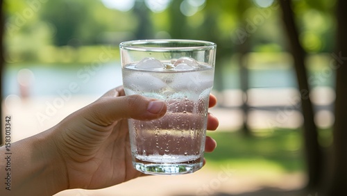 A hand holds a refreshing glass of cold sparkling water with ice under the sunlight in a green outdoor park to stay hydrated on a hot day.