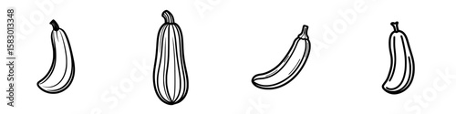 Collection of black icons representing various types of bananas and a zucchini on a plain background