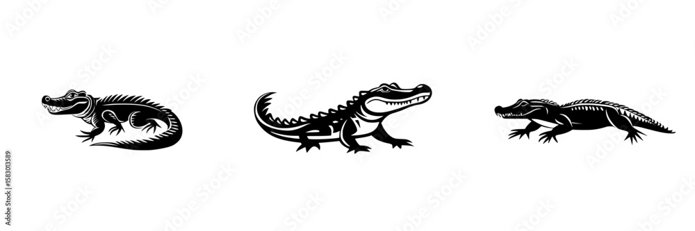 Stylized black icons of reptiles including a lizard, crocodile, and alligator suitable for various design applications Stylized black icons of reptiles including a lizard, crocodile, and alligator suitable for various design applications