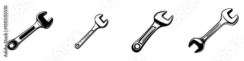 Illustration of black wrenches in varying sizes arranged horizontally on a white background for tool design purposes