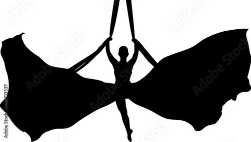 Silhouette of aerialist suspended from fabric with flowing wings creating a dynamic and artistic pose