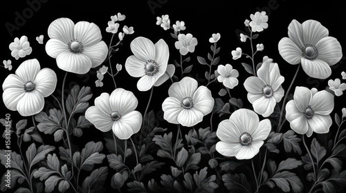 Monochrome floral border design; blooming flowers and foliage on a black background