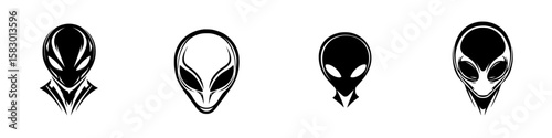 Black alien icons showcasing different designs and expressions in a minimalist style