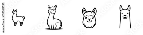 Cute black llama icons featuring various poses and styles suitable for digital design and illustration purposes