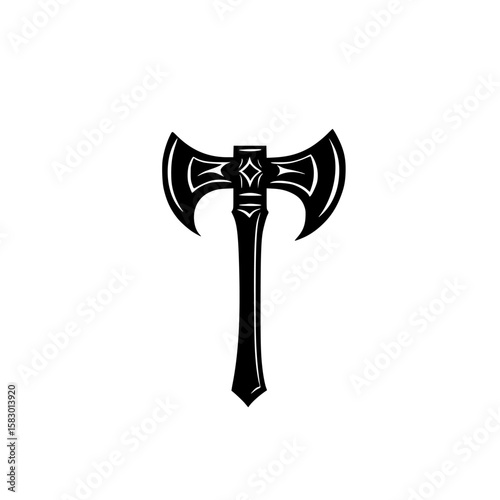 Unique black icon of a two-headed axe design with intricate detailing and a pointed handle