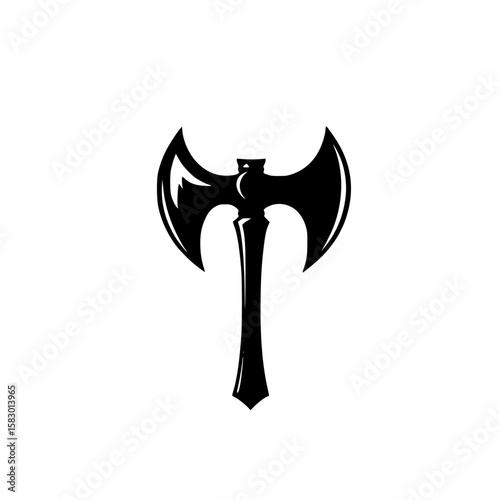 Bold black icon of a double-bladed axe detailed with a symmetrical design representing strength and combat