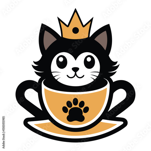 Cute cartoon black cat wearing a crown sitting in a coffee cup with paw print