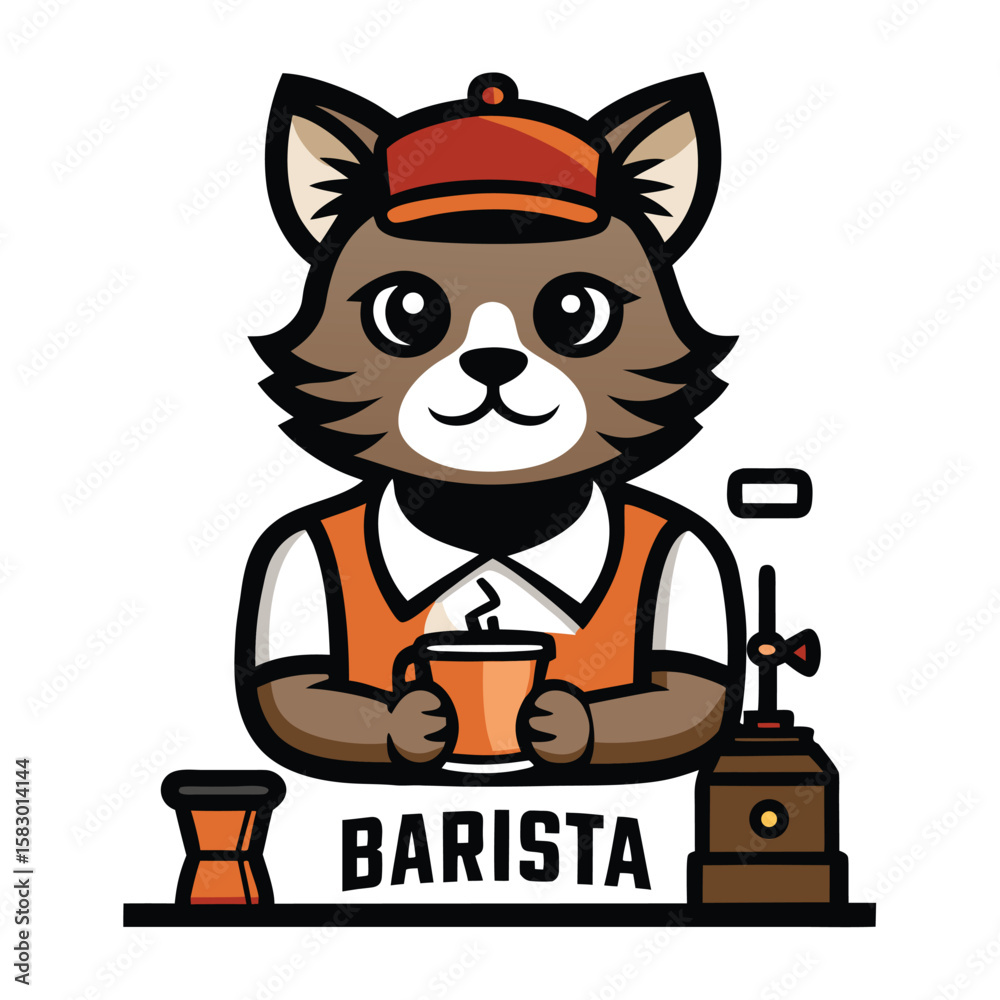Cute cartoon raccoon barista holding a cup of coffee with espresso machine and grinder Cute cartoon raccoon barista holding a cup of coffee with espresso machine and grinder