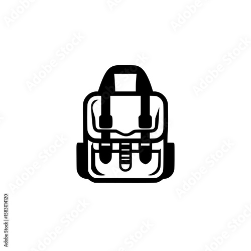 Backpack icon created in a simple black design with clean lines and a minimal aesthetic for various applications