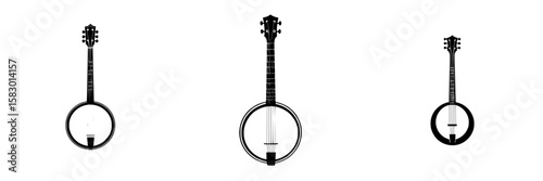 Minimalist black icons of banjos arranged in a row showcasing unique designs and shapes against a clean white background