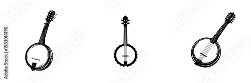 Unique black icon featuring three different banjos displayed in a minimalist style, showcasing their distinct shapes and designs