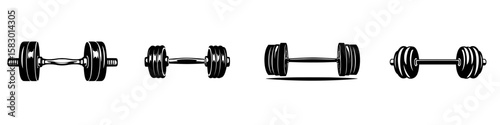 Illustration of various weightlifting dumbbells in black icon style for fitness enthusiasts and gym designs
