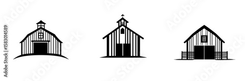 Silhouetted black barn icons showcasing different designs for rustic or rural themes