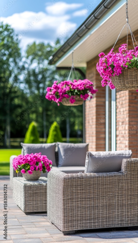 Fototapeta premium Cozy Outdoor Patio with Vibrant Summer Flowers and Wicker Furniture for Relaxation and Entertaining