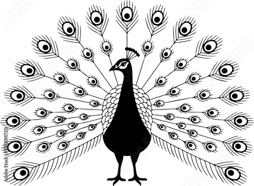 Silhouette vector art of a peacock facing forward with its