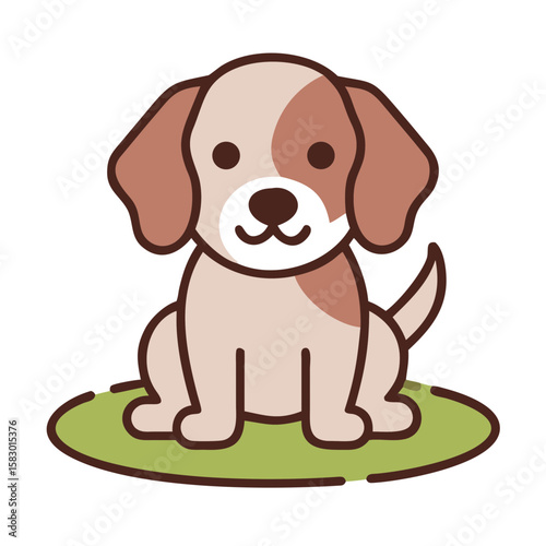 Cartoon puppy sitting on green grass with a friendly expression  