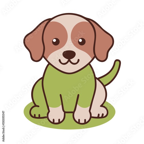 Cute cartoon puppy sitting on green grass  