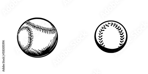 Unique illustrations of baseball and softball showing distinct stitching details and size variations