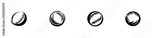 Black icons depicting various styles of baseballs designed for sports graphics and logos