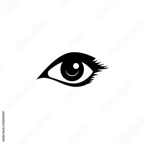 Black icon of a stylized eye design with a prominent pupil and eyelashes on a white background