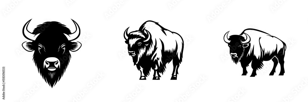 Obraz premium Black icon of three distinct bison designs showcasing various styles and features for illustrative purposes