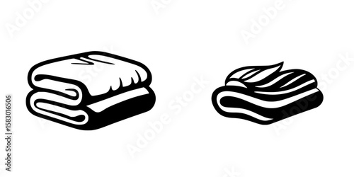 Warm and cozy black icon designs of folded blankets and a soft comforter in minimalist style