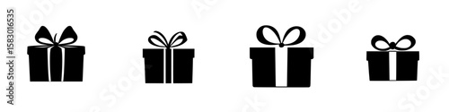 Various black gift icons arranged in a line showcasing different sizes and styles suitable for celebrations
