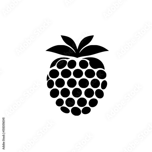 Black icon of a raspberry with circular dots representing seeds and leaves depicted above