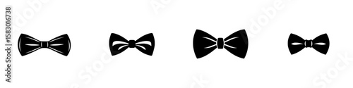 Black bow tie icons displayed in various styles on a white background suitable for design purposes