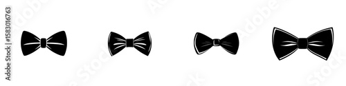 Different styles of black bow ties displayed in a row highlighting various designs and shapes