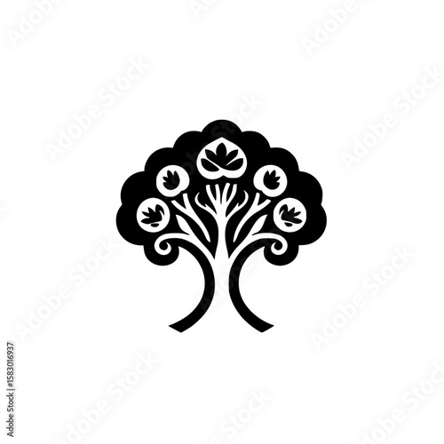 Black icon of a stylized tree with decorative branches and leaves representing nature and life