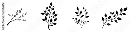 Black icons of various plant silhouettes showing distinct shapes and leaf arrangements for design and decorative use