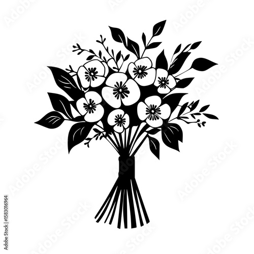 Detailed black icon representing a bouquet of stylized flowers and leaves, perfect for decorative uses and graphic design