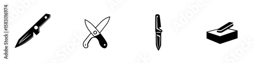 Various black icons of kitchen tools including knives, scissors, and a cutting board displayed on a simple background