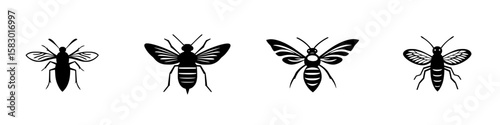 Various black bee icons showcasing different designs and styles for graphic use in creative projects
