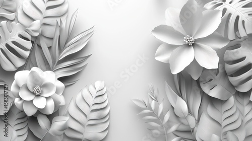 Monochrome paper flowers and leaves on a light background