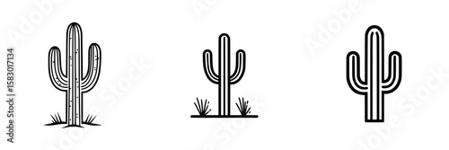 Stylized black cactus icons depicting desert flora in a minimalist design suitable for various graphic applications